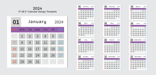 2024 Desk Calendar Planner Templates for a company or home. Simple full page calendar in vector format with Sunday as the start of the week.