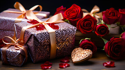 Elegant gift boxes with intricate patterns and satin ribbons alongside fresh red roses and a heart-shaped ornament on a wooden surface with scattered rose petals - Powered by Adobe