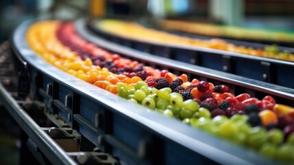 Colorful fruits and berries on conveyor belt in a food factory - obrazy, fototapety, plakaty
