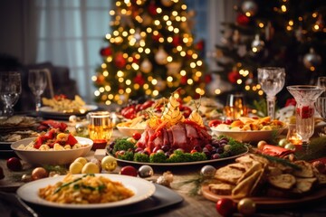 Christmas festive family dinner served different dishes and salads, many snacks, sparkling wine and glasses. New Year's decor with Xmas tree on background. - obrazy, fototapety, plakaty