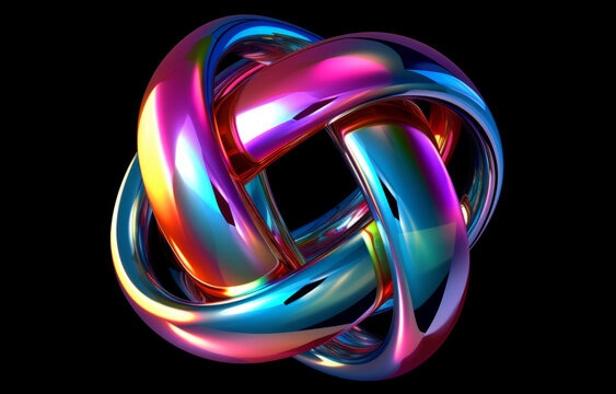 Abstract, knot and iridescent coloured loop render for wallpaper, background and digital design. Colourful, vibrant and creative closeup of organic design shapes and smooth curves on a black backdrop