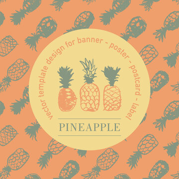 Color pineapple emblem on pineapple pattern seamless. Ananas background for food packaging or cosmetic label design. Fruit ornament for banner background with natural drawing textures. Fine art style.