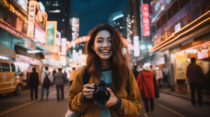 Young Asian woman holding her camera in front of the street with neon lights and buildings while looking back at camera smiling, in the city of tokyo.