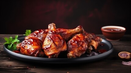 Grilled chicken wings with barbecue sauce on black plate on wooden background