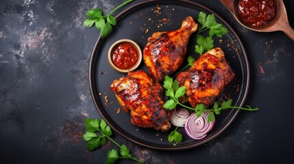 Grilled chicken legs with tomato sauce and parsley, top view