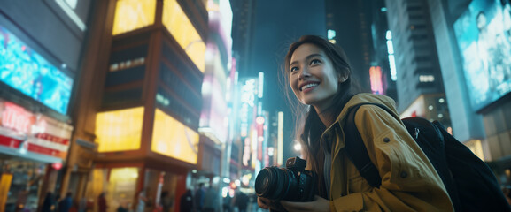 Fototapeta premium Young Asian woman holding her camera in front of the street with neon lights and buildings while looking back at camera smiling, in the city of tokyo.