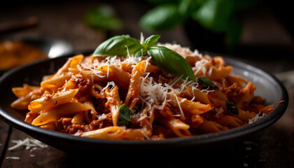 Freshly cooked pasta with savory bolognese sauce and parmesan cheese generated by AI