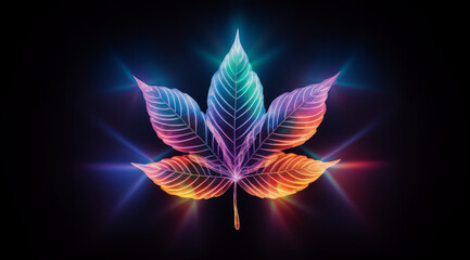A glowing neon hues cannabis leaf with a neon outline.