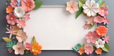 Fototapeta premium Blue framework for photo or congratulation with paper flowers and blossom. Woman's day, 8 march, Easter, Mother's day, anniversary.