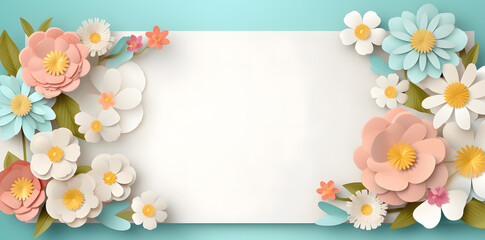 Blue framework for photo or congratulation with paper flowers and blossom. Woman's day, 8 march, Easter, Mother's day, anniversary.