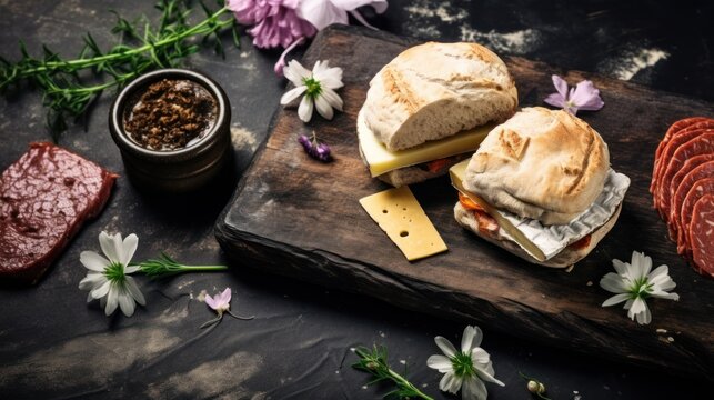 Sandwich cheese and herbs on wooden background
