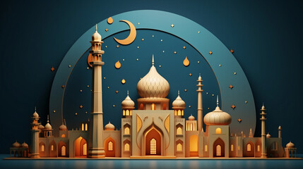 Illustration of a Ramadan mosque in 3D.  Generative ai