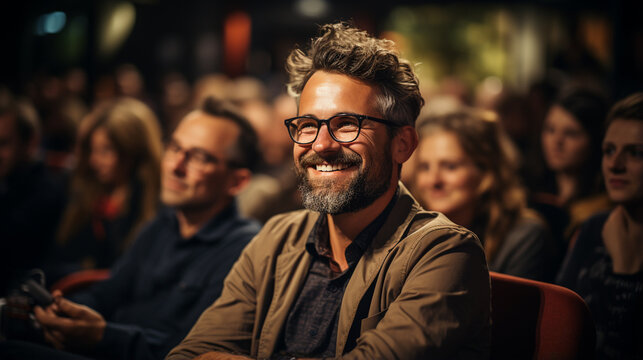 Young man watching a play, movie, presentation, class. Young man enjoying a show. Public smiling at a show or meeting. Spectators of theatrical or musical works.