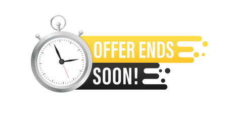 Offer ends soon. Paint brush stroke with clock. Special offer price sign. Advertising discounts symbol. Paint brush ink splash banner. Offer ends soon badge shape. Vector illustration