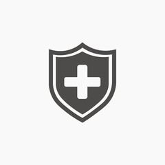 Cross medical shield guard, health insurance icon vector symbol. Medical protection, medicine sign symbol