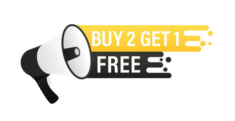 Banner with megaphone, business concept with text Buy 2 Get 1 Free. Sale tag. Special offer promotion price tag, Isolated on white background. Vector illustration