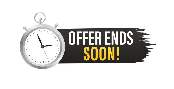 Offer ends soon. Paint brush stroke with clock. Special offer price sign. Advertising discounts symbol. Paint brush ink splash banner. Offer ends soon badge shape. Vector illustration