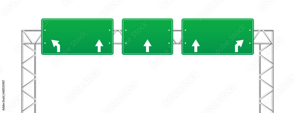 Wall mural highway green road signs, blank signage boards on steel poles for pointing city traffic direction, e