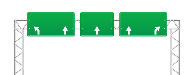 Highway green road signs, blank signage boards on steel poles for pointing city traffic direction, empty panels with white guide arrows. Realistic blank traffic control signs. Vector illustration
