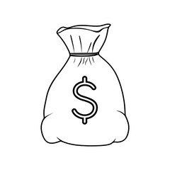 Hand drawn money bag vector icon. Cash money in sack with dollar sign isolated on white background. Sack of money in doodle style. Line drawing of cash pouch, simple vector illustration