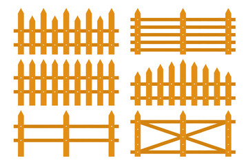 Cartoon wooden fence vector set, garden or farm palisade, gates or balustrade with pickets. Enclosure railing, banister or fencing sections with decorative pillars. Vector illustration - obrazy, fototapety, plakaty