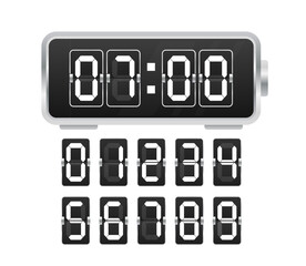 Digital alarm clock. Digital clock number set. Flat electron watch screen modern black alarm time display, timer bar font with hours, minutes and seconds. Countdown timer. Vector illustration