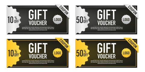 Realistic Detailed 3d Gift gold and silver voucher. Gift voucher template. Two sides of a discount voucher or gift certificate. Promotional coupon for a special discount offer. Vector illustration - obrazy, fototapety, plakaty