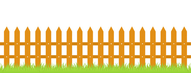 Wooden fence with grass. Realistic wooden fence and green grass. Wooden picket background isolated farm garden barrier. Vector illustration