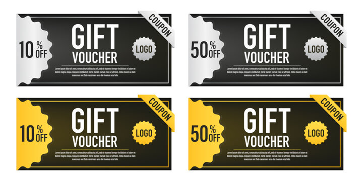 Realistic Detailed 3d Gift gold and silver voucher. Gift voucher template. Two sides of a discount voucher or gift certificate. Promotional coupon for a special discount offer. Vector illustration