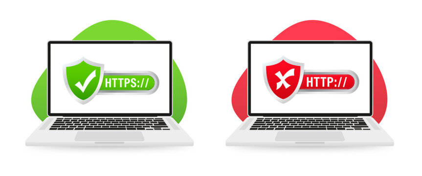 Http vs Https protocols. Protocols, safe web surfing and data encryption on the laptop screen. Understanding the Importance of Secure Web Connections. Vector illustration