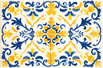 Pattern of azulejos tiles. Rustic blue and yellow tile watercolor seamless pattern 