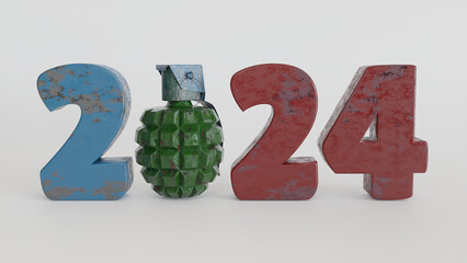 The date of the new year 2024 and a hand grenade, lemon. The idea of the threat of aggressive policy in the new year 2024.