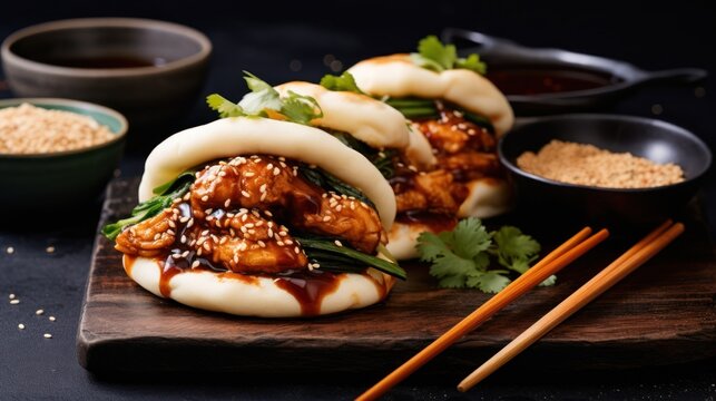 Bao Buns With Chicken and Hot Gochujang Sauce Served in Steam Boiler