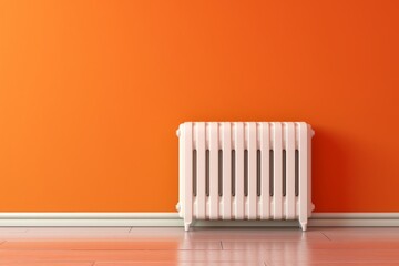 Radiator in an empty room on orange wall background