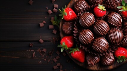 Chocolate candies with strawberries on dark wooden background. Top view