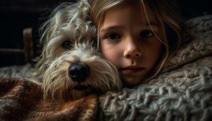 Caucasian child embraces cute terrier puppy in indoor studio shot generated by AI