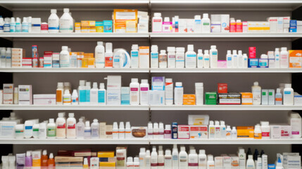 Pharmacy store drugs shelves, pharmacy business store, showcasing various types of prescription medications medical supplies, Shelves with Health Care Products, Concept of pharmacist, blurred image - obrazy, fototapety, plakaty