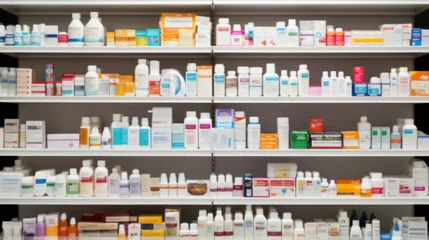 Poster Pharmacy store drugs shelves, pharmacy business store, showcasing various types of prescription medications medical supplies, Shelves with Health Care Products, Concept of pharmacist, blurred image © chiew