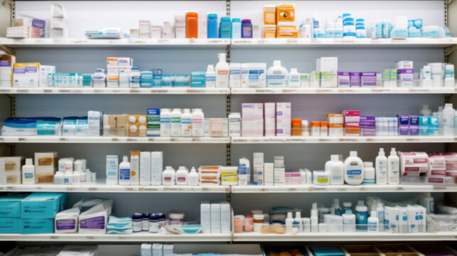 Pharmacy store drugs shelves, pharmacy business store, showcasing various types of prescription medications medical supplies, Shelves with Health Care Products, Concept of pharmacist, blurred image