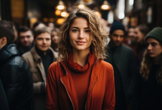 A Woman Is Standing In A Group Of People In A Coffee Shop