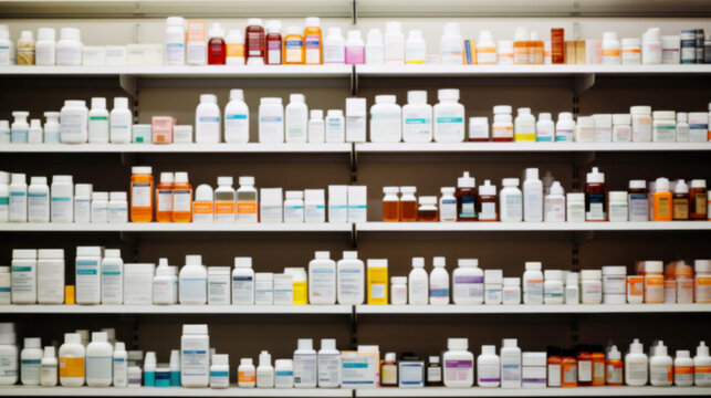 Pharmacy store drugs shelves, pharmacy business store, showcasing various types of prescription medications medical supplies, Shelves with Health Care Products, Concept of pharmacist, blurred image