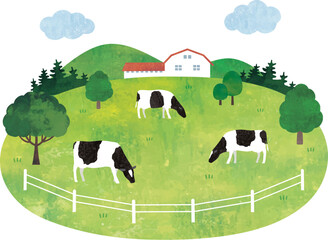 芝生の牧場と山と牛の景色2