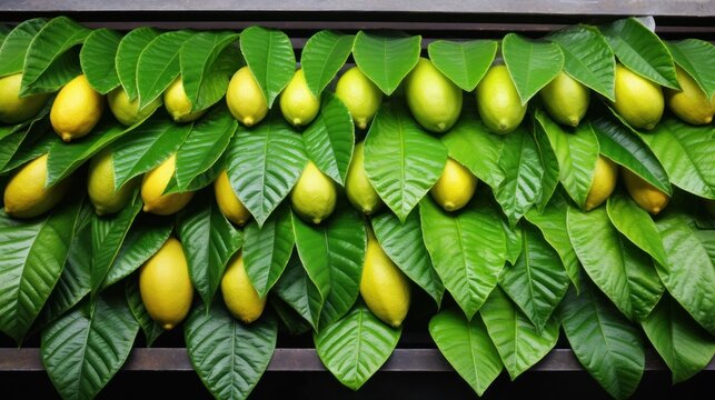 Mango fruit with green leafs on shelf in supermarket, stock photo