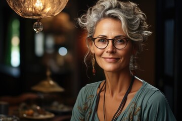 middleage woman with glasses smiling for portrait portrait of aging middleclass woman