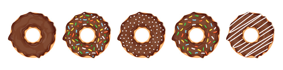 Set of donuts isolated on white background. Collection of vector illustrations of donuts with different chocolate sprinkles. Sweet pastry.