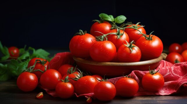 Tomatoes in a wooden bowl on a dark background