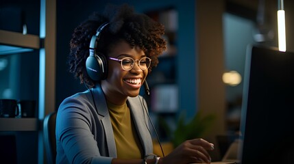 An African-American woman dispatcher wearing headphones sits in front of a monitor in a call center and receives calls, advice and support. - obrazy, fototapety, plakaty