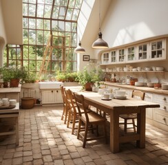 an open kitchen with a white table and chairs, in the style of vernacular architecture, restored and repurposed, dutch golden age, eco-friendly craftsmanship, villagecore, solarizing master