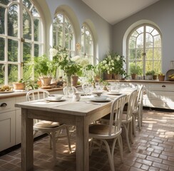 an open kitchen with a white table and chairs, in the style of vernacular architecture, restored and repurposed, dutch golden age, eco-friendly craftsmanship, villagecore, solarizing master