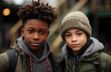 two black boys standing at the playground on equipment